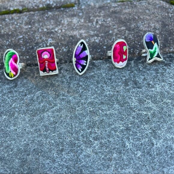 COPY - Hand crafted BOHO Hand Embroidered Adjustable Silver Ring Tribal Festival - Picture 5 of 7